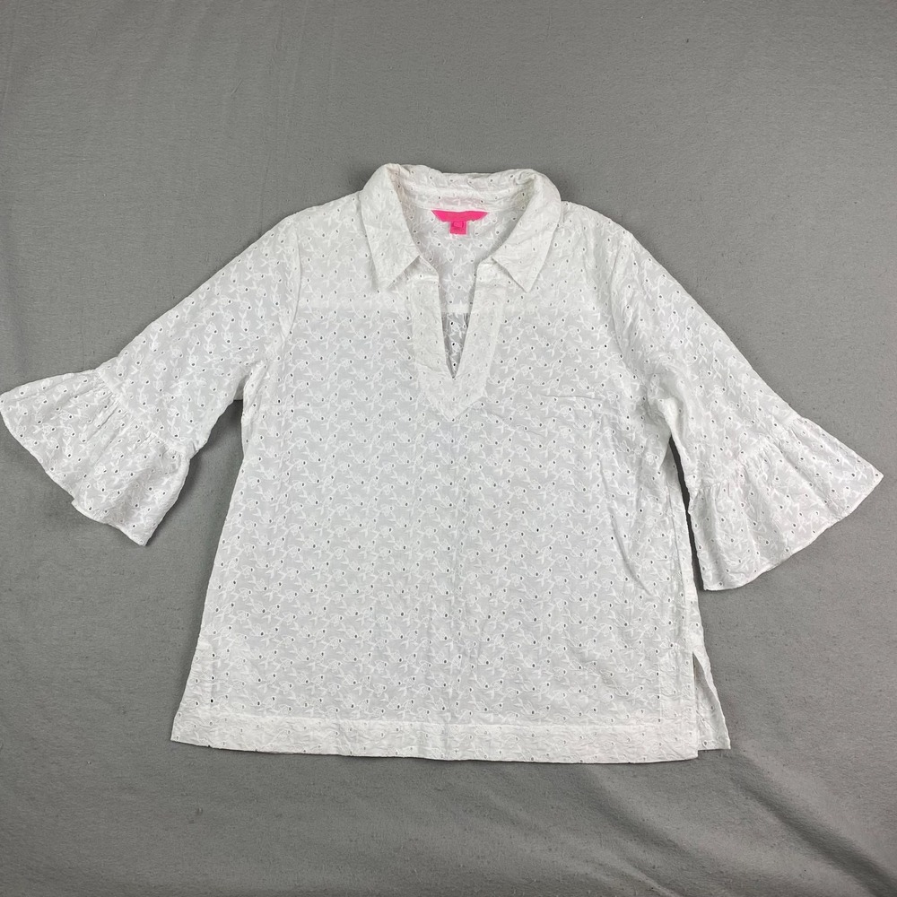 Lilly pulitzer ginger Top Womens Large White eyelet v neck bell sleeves Fish